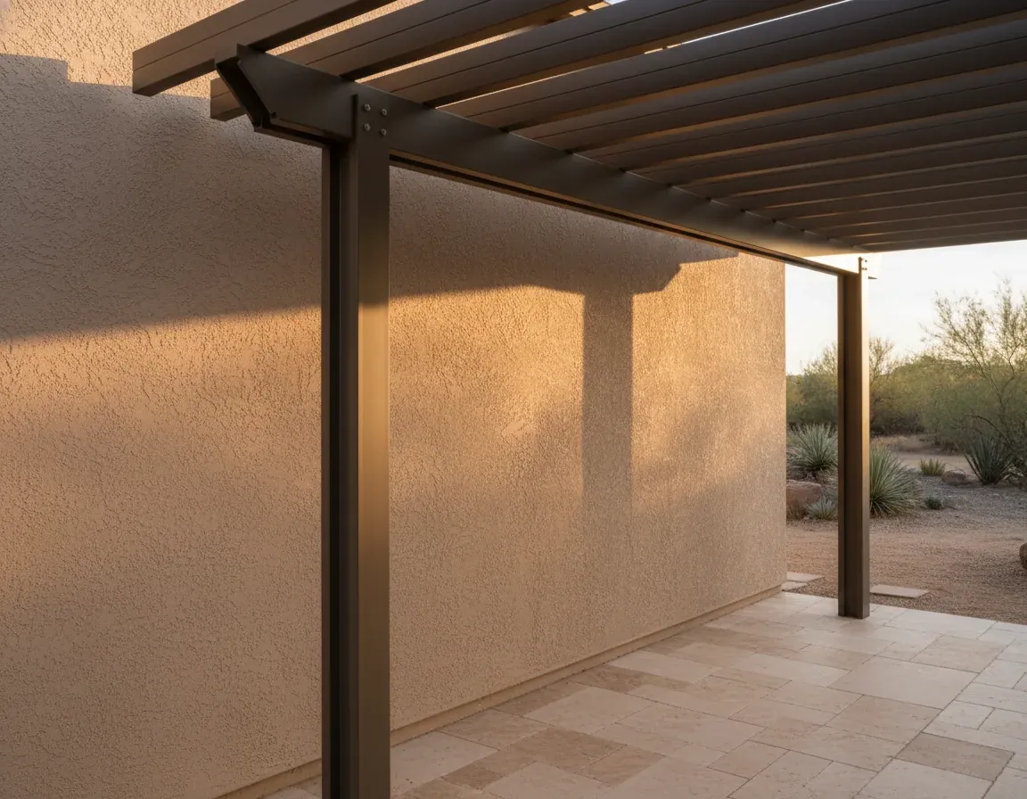 Detail of a ledger board through-bolted into the structural framing of a home