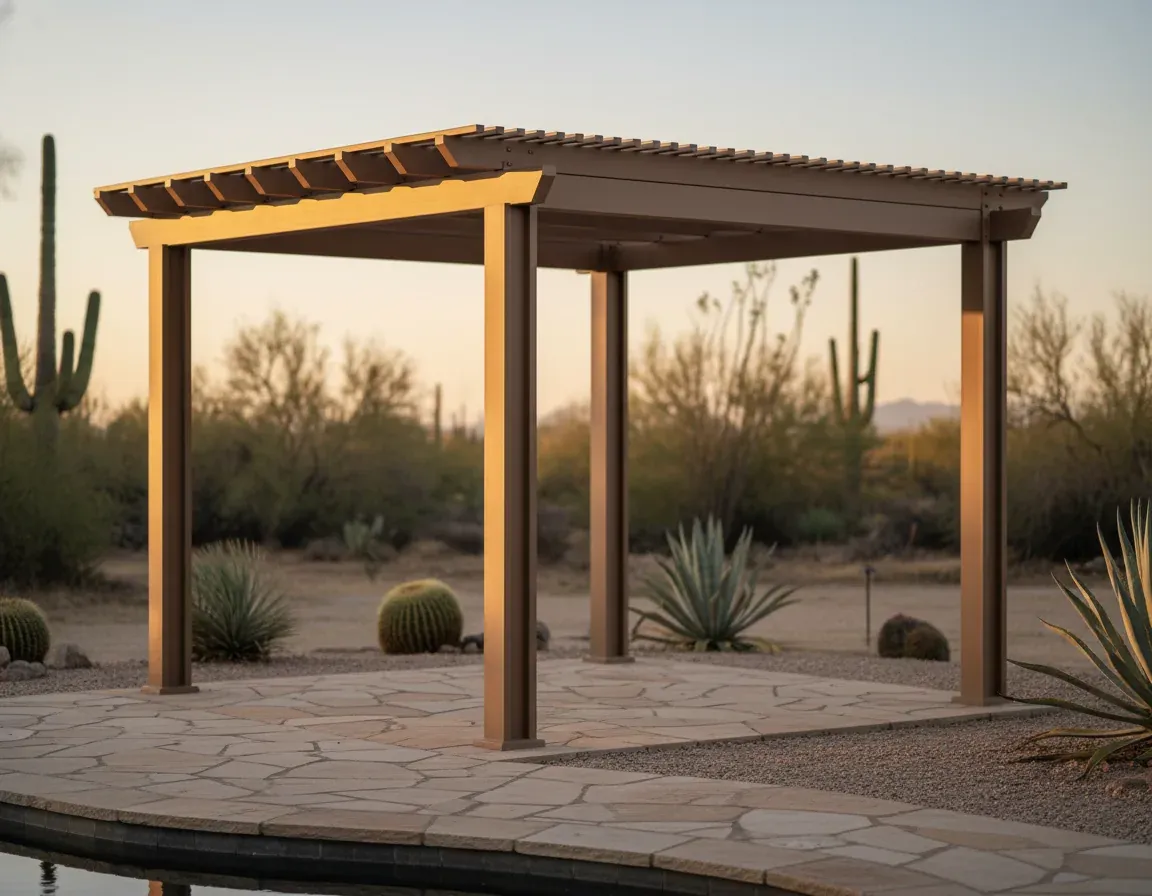 Freestanding pergola in a Tucson garden under existing mesquite canopy