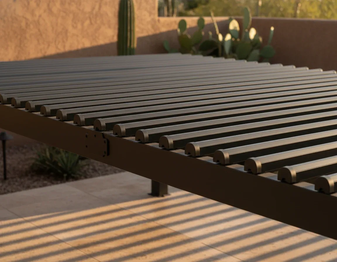 Motorized louvered pergola over a Tucson patio at golden hour