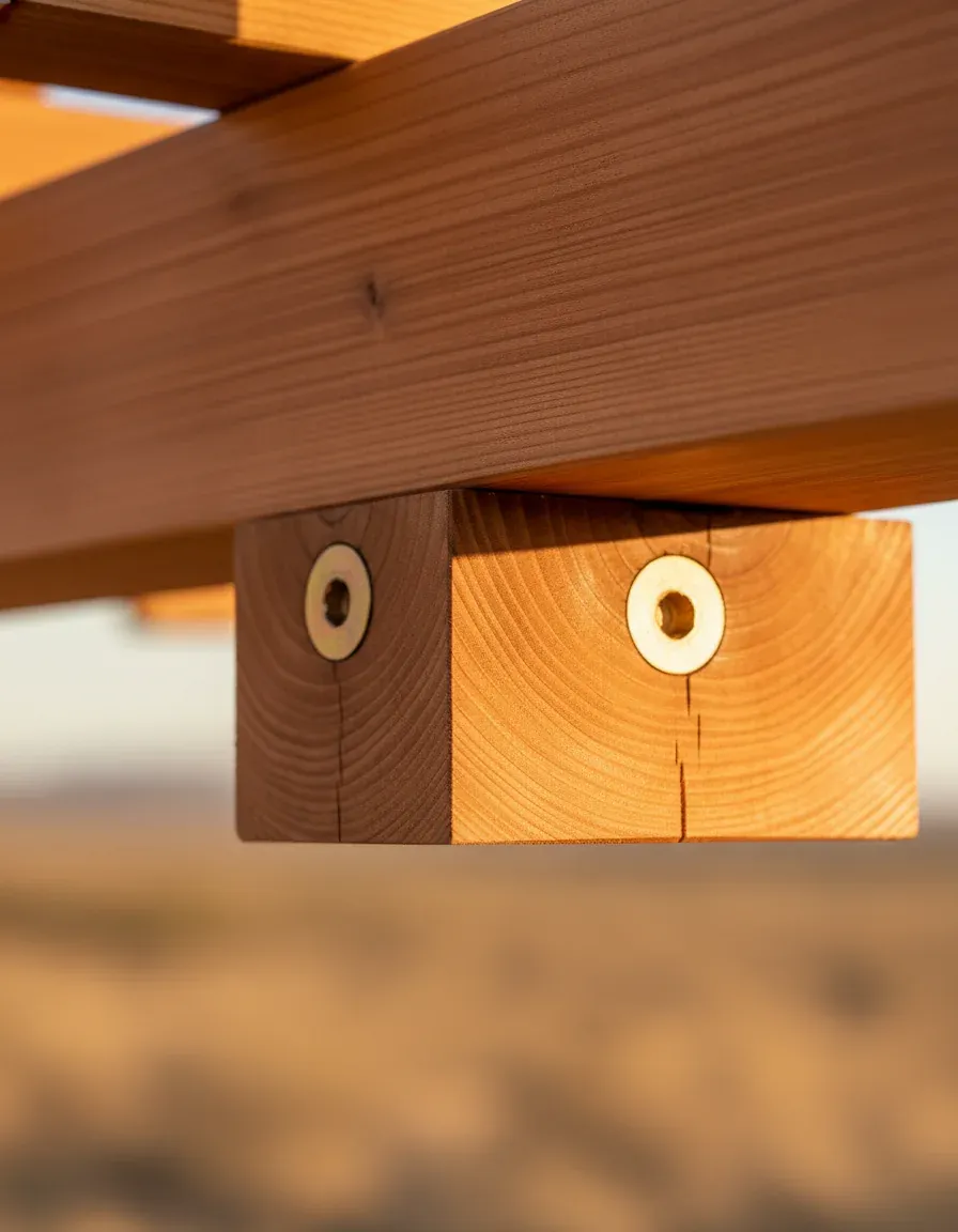 Detail of timber-frame mortise-and-tenon joinery on a cedar pergola