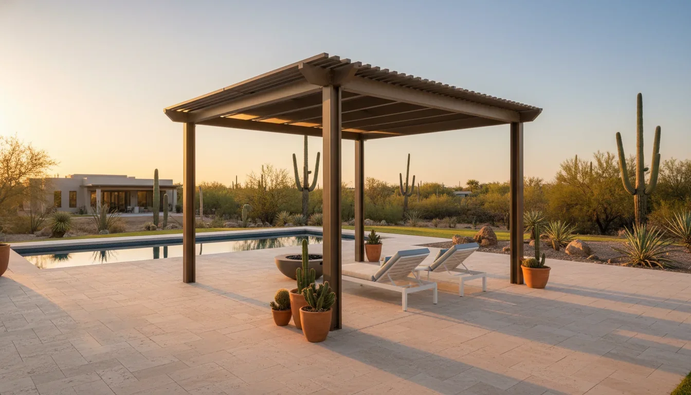 Freestanding pergola anchoring a poolside seating area in Tucson