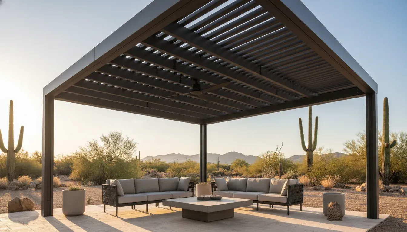 Adjustable louvered pergola roof partially open over a Sonoran patio