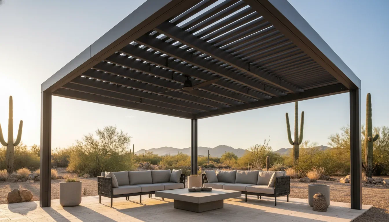 Motorized louvered pergola on a Catalina Foothills hillside patio at dusk