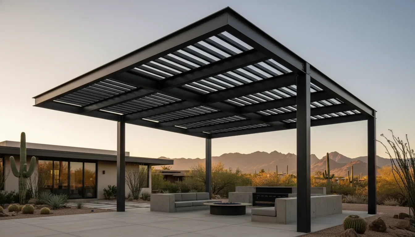 Black steel pergola with cantilevered overhang on a contemporary Tucson home