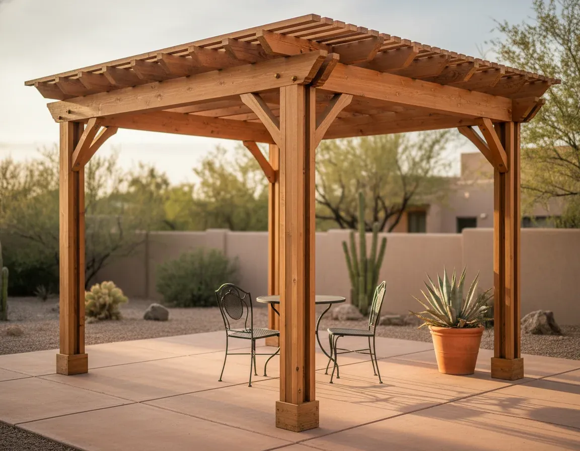 Cedar pergola with warm wood grain over a backyard patio